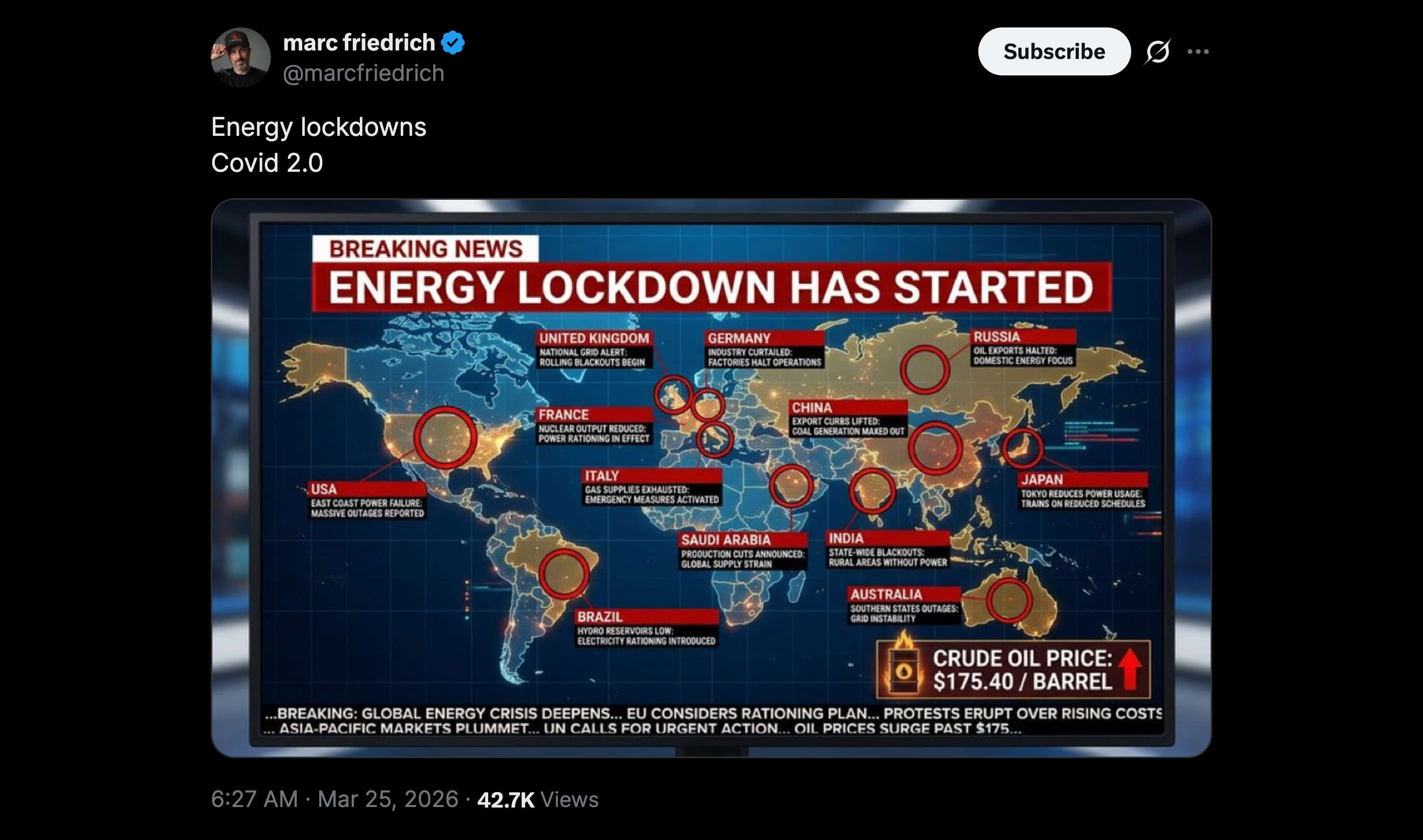 Screen capture of a tweet stating "Energy lockdowns Covid 2.0", with an image of the world entitled "Energy lockdown has started" and which highlights particular events across the planet