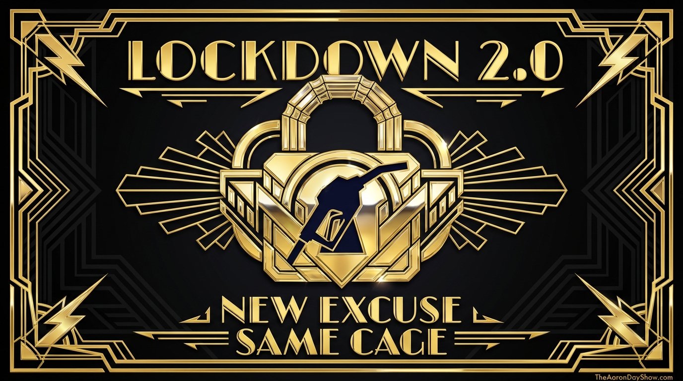 Brass-plate-looking image, with the words "Lockdown 2.0: New excuse, same cage"