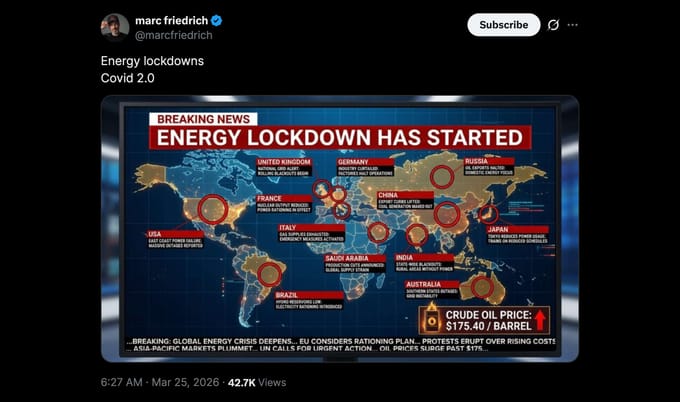 Screen capture of a tweet stating "Energy lockdowns Covid 2.0", with an image of the world entitled "Energy lockdown has started" and which highlights particular events across the planet